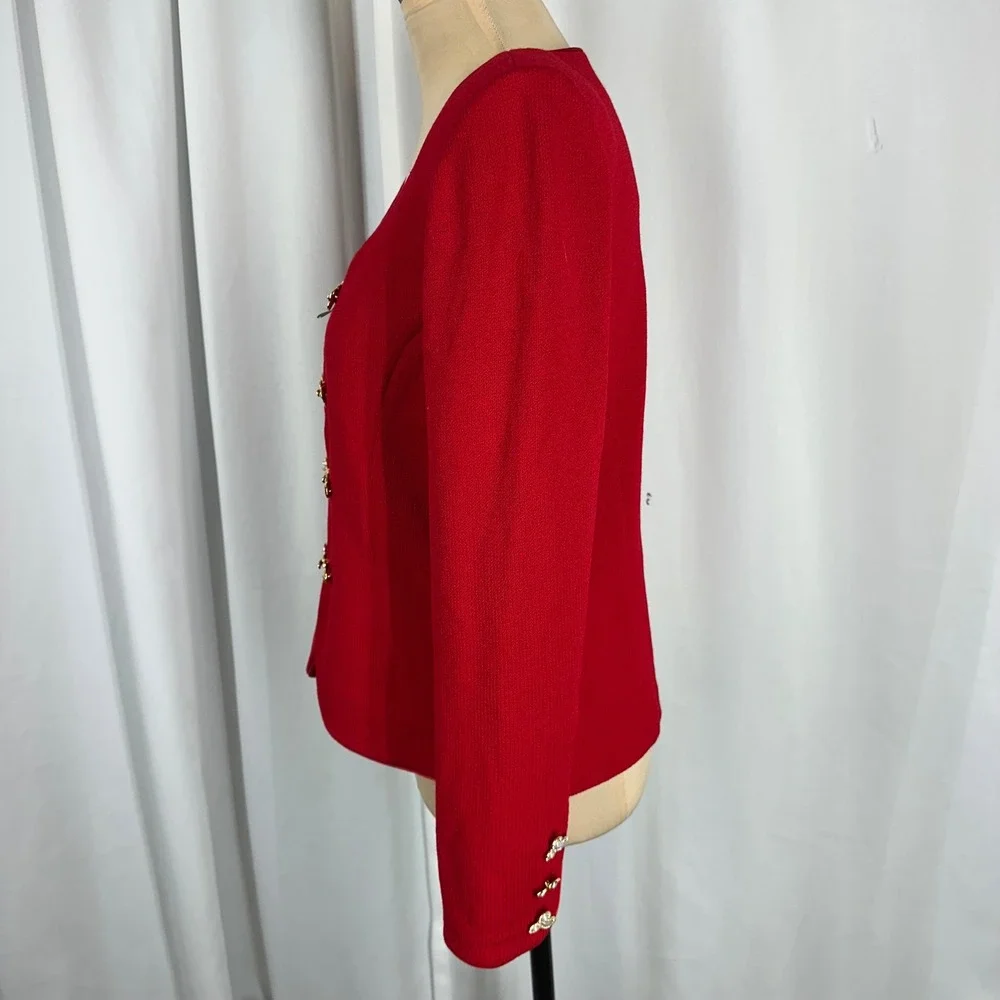 St. John Evening Red Santana Knit Jacket Gold Jeweled Hook Closures Sz 2 (S)